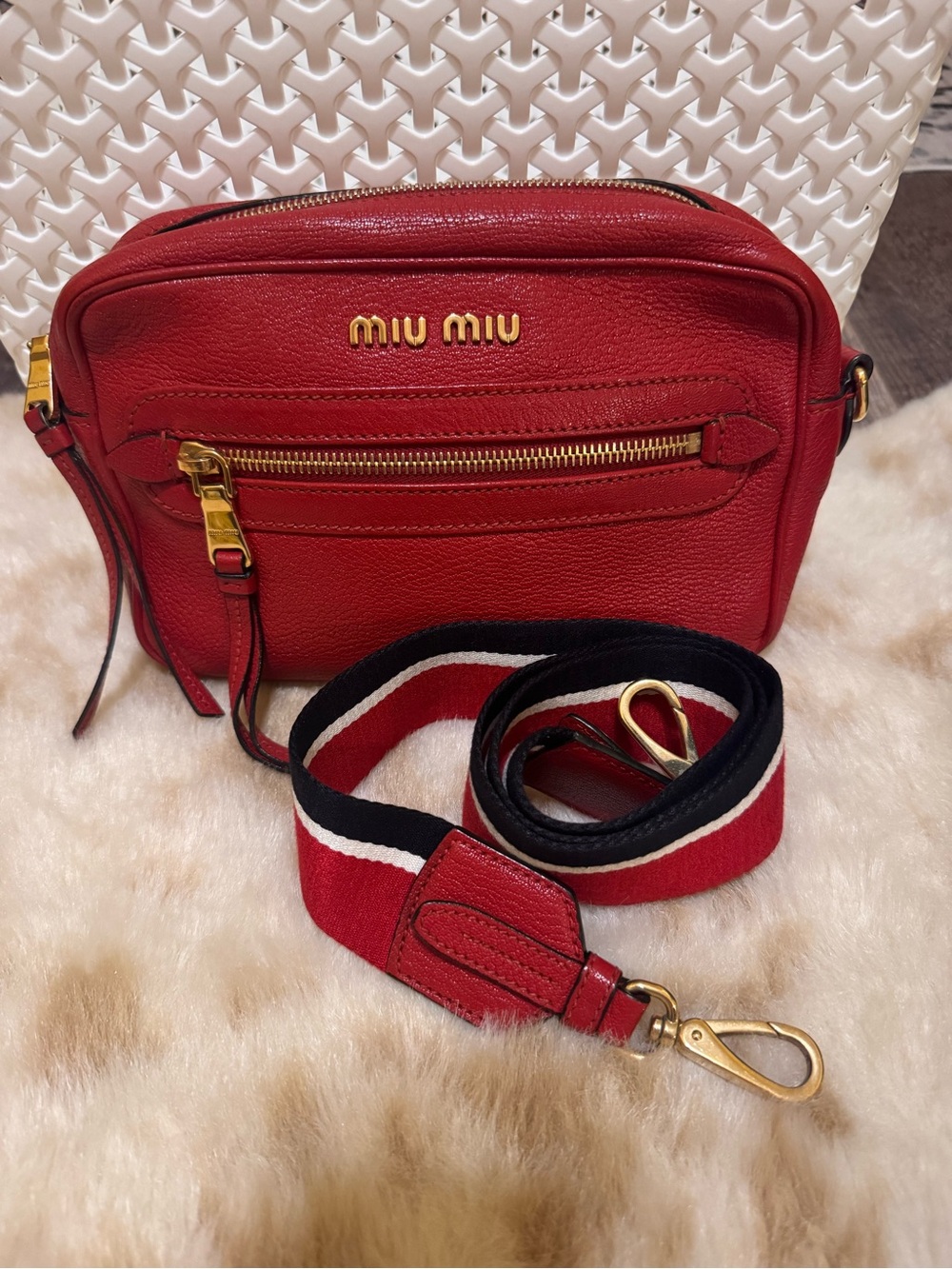 Miu Miu Red Leather Camera Crossbody Bag with Striped Strap